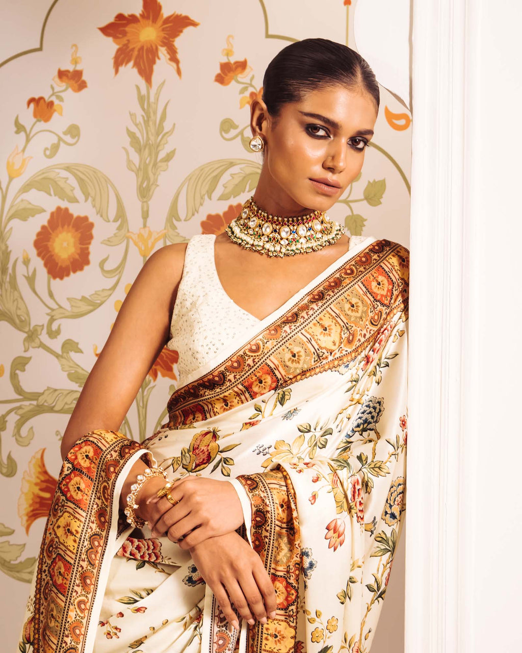 Cream Satin Crepe Silk Saree
