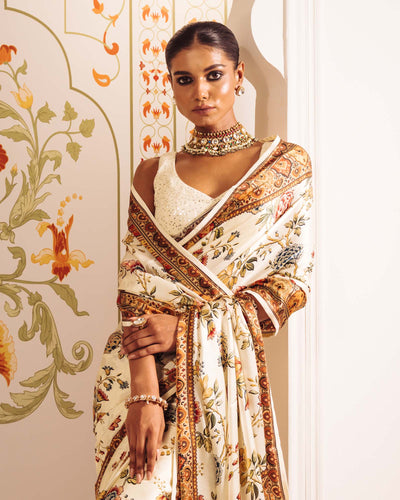Cream Satin Crepe Silk Saree