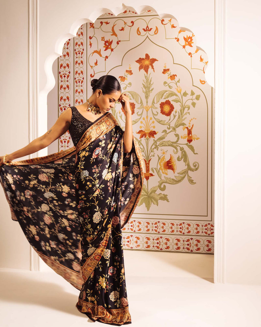 Black Satin Crepe Silk Saree
