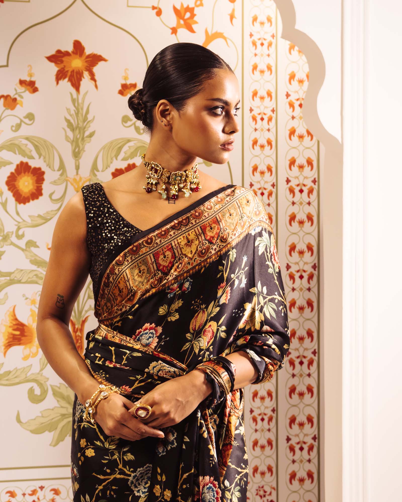 Black Satin Crepe Silk Saree