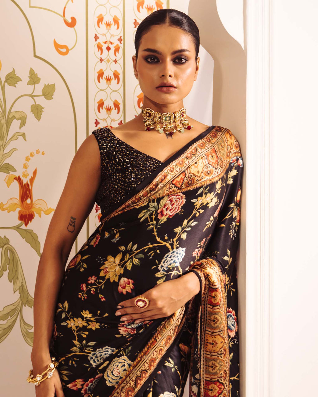 Black Satin Crepe Silk Saree
