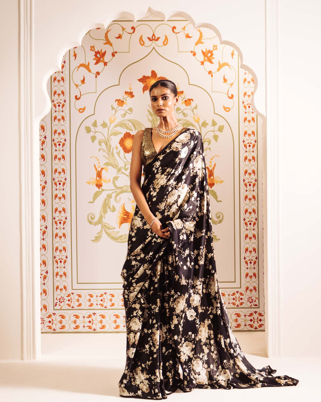 Black Satin Crepe Silk Saree