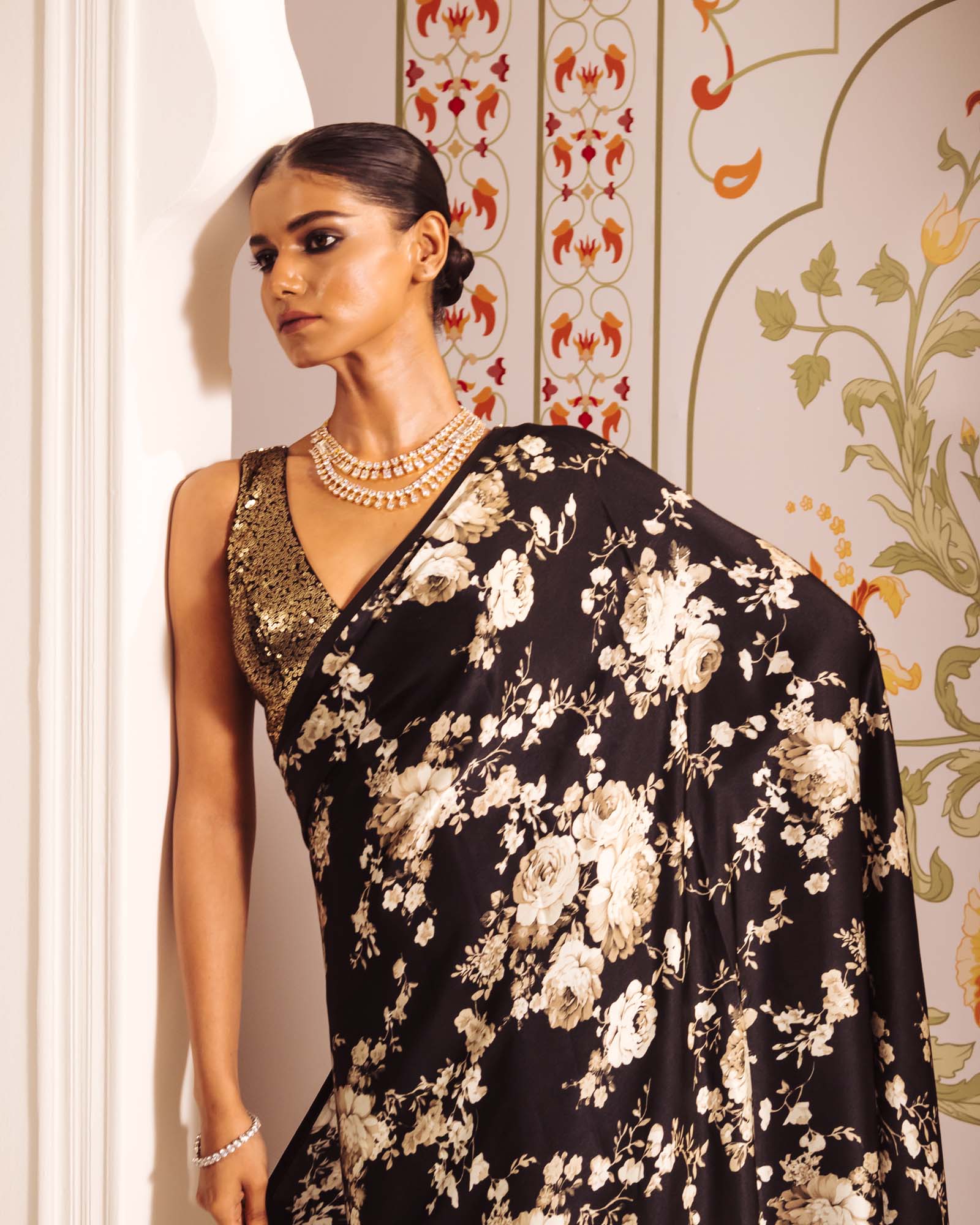Black Satin Crepe Silk Saree