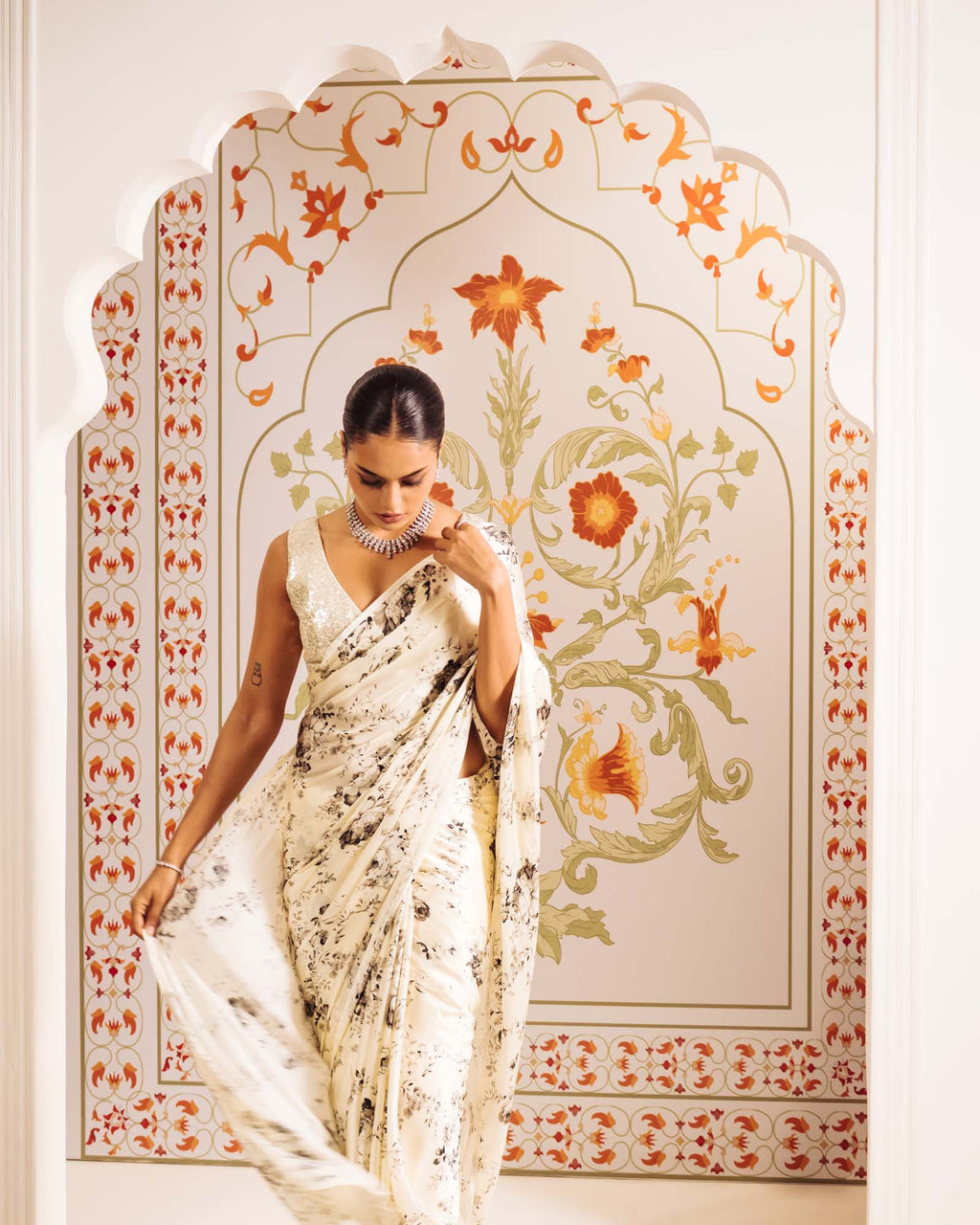White Satin Crepe Silk Saree