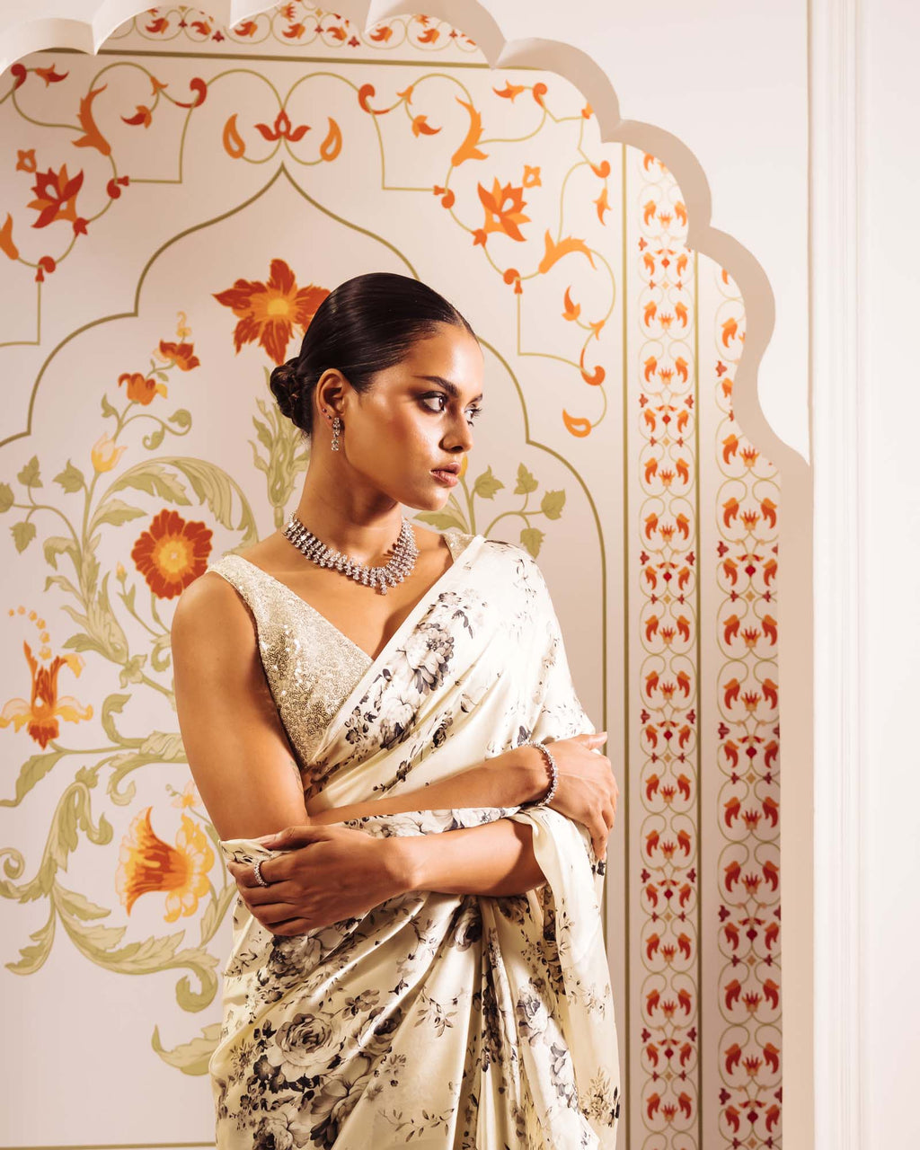 White Satin Crepe Silk Saree