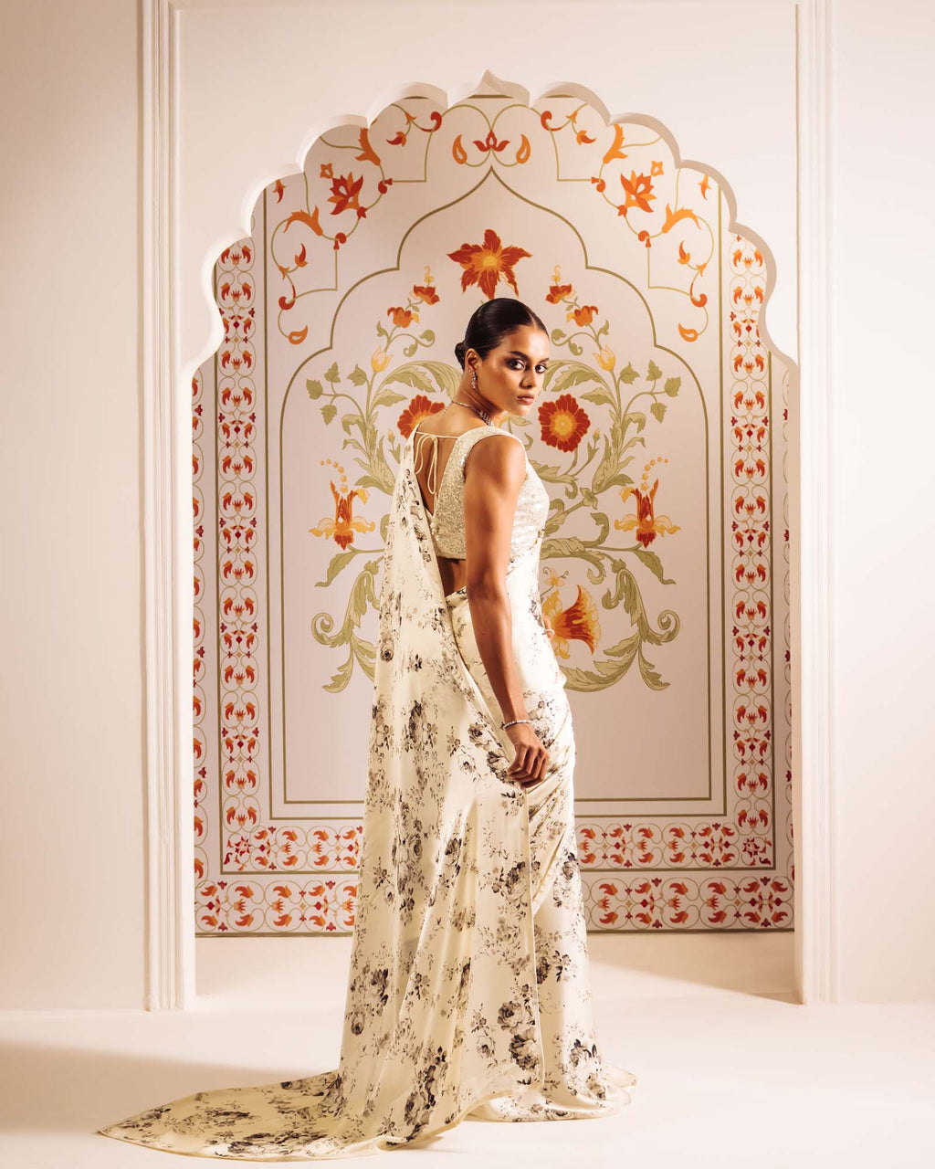 White Satin Crepe Silk Saree