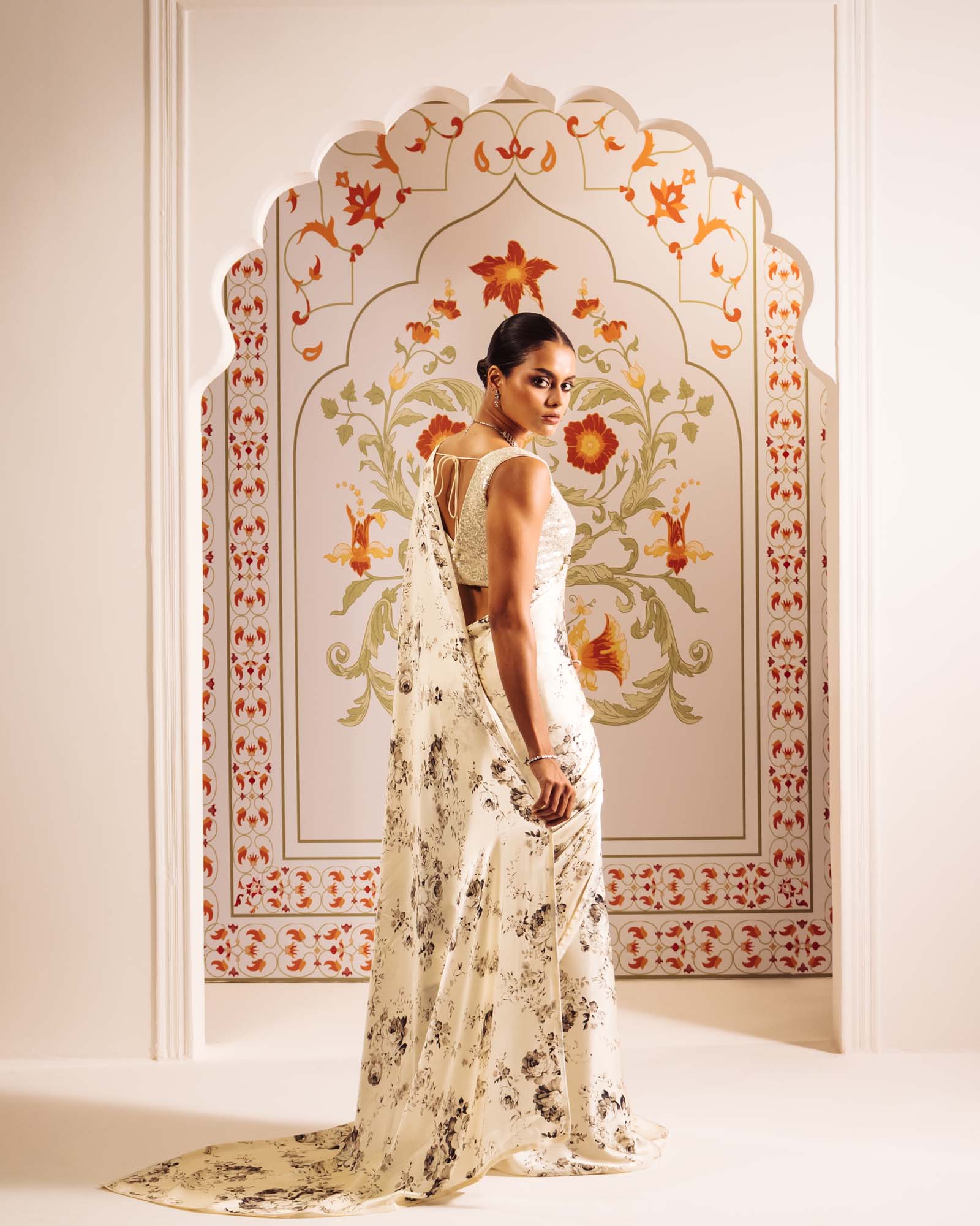 White Satin Crepe Silk Saree