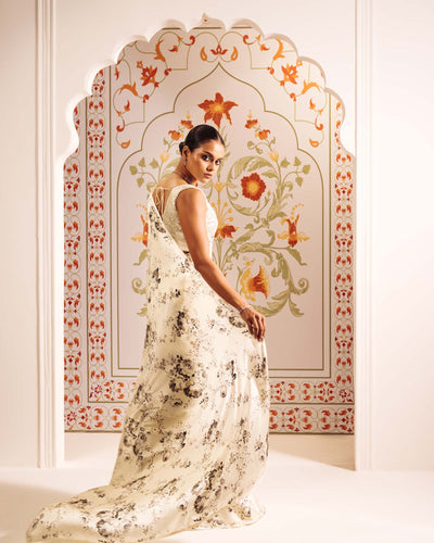 White Satin Crepe Silk Saree