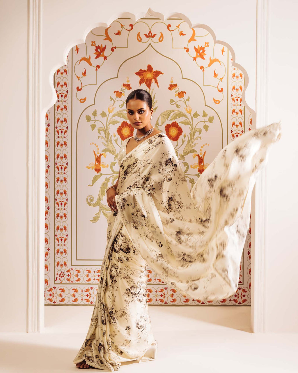 White Satin Crepe Silk Saree