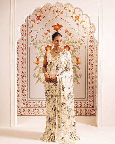 White Satin Crepe Silk Saree
