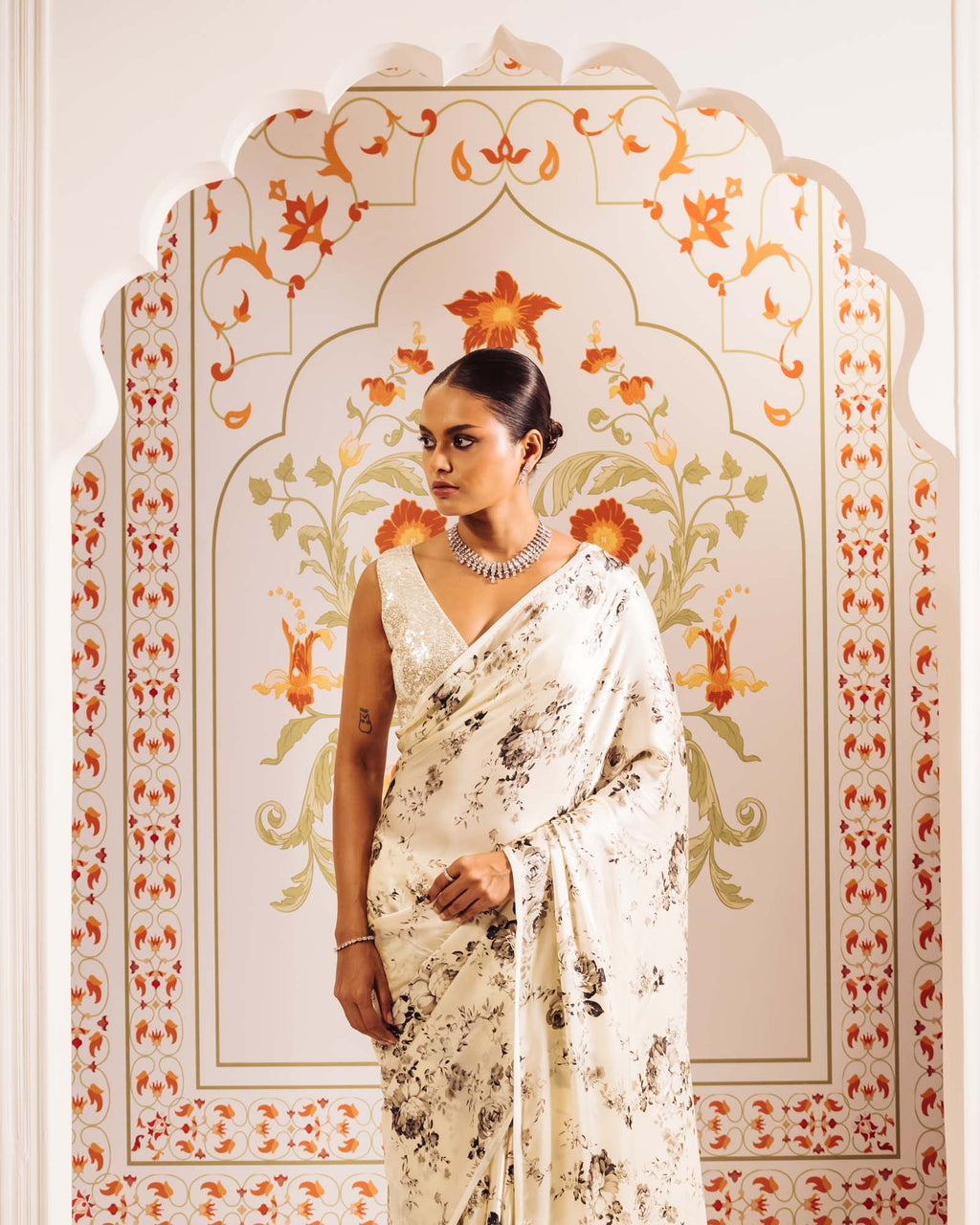 White Satin Crepe Silk Saree