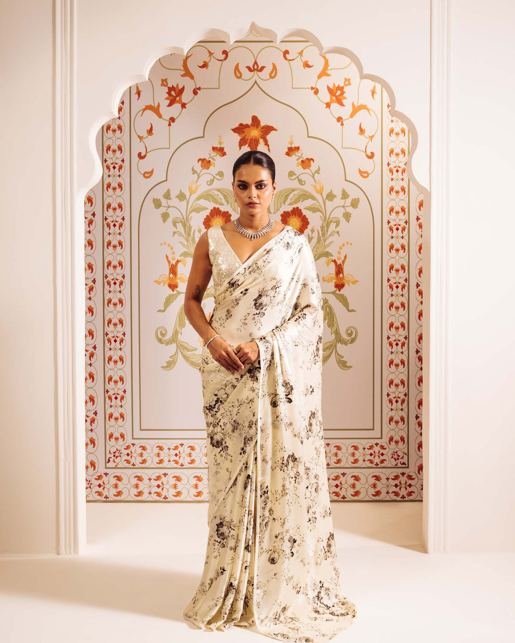 White Satin Crepe Silk Saree