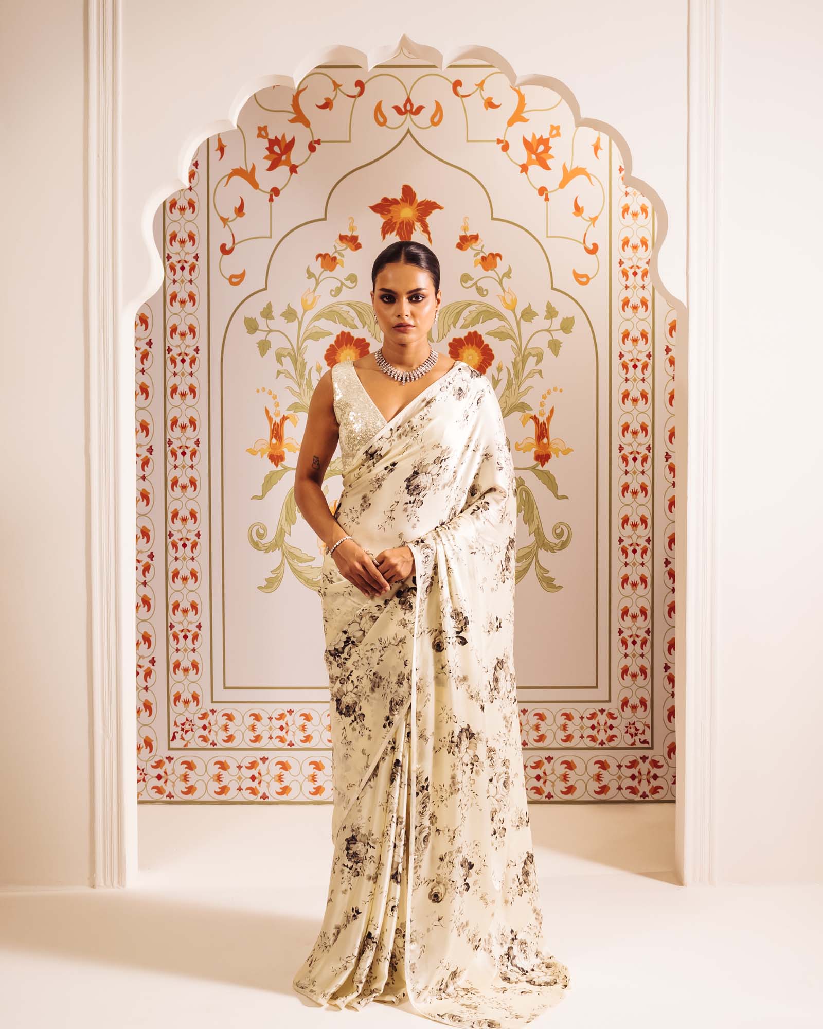 White Satin Crepe Silk Saree