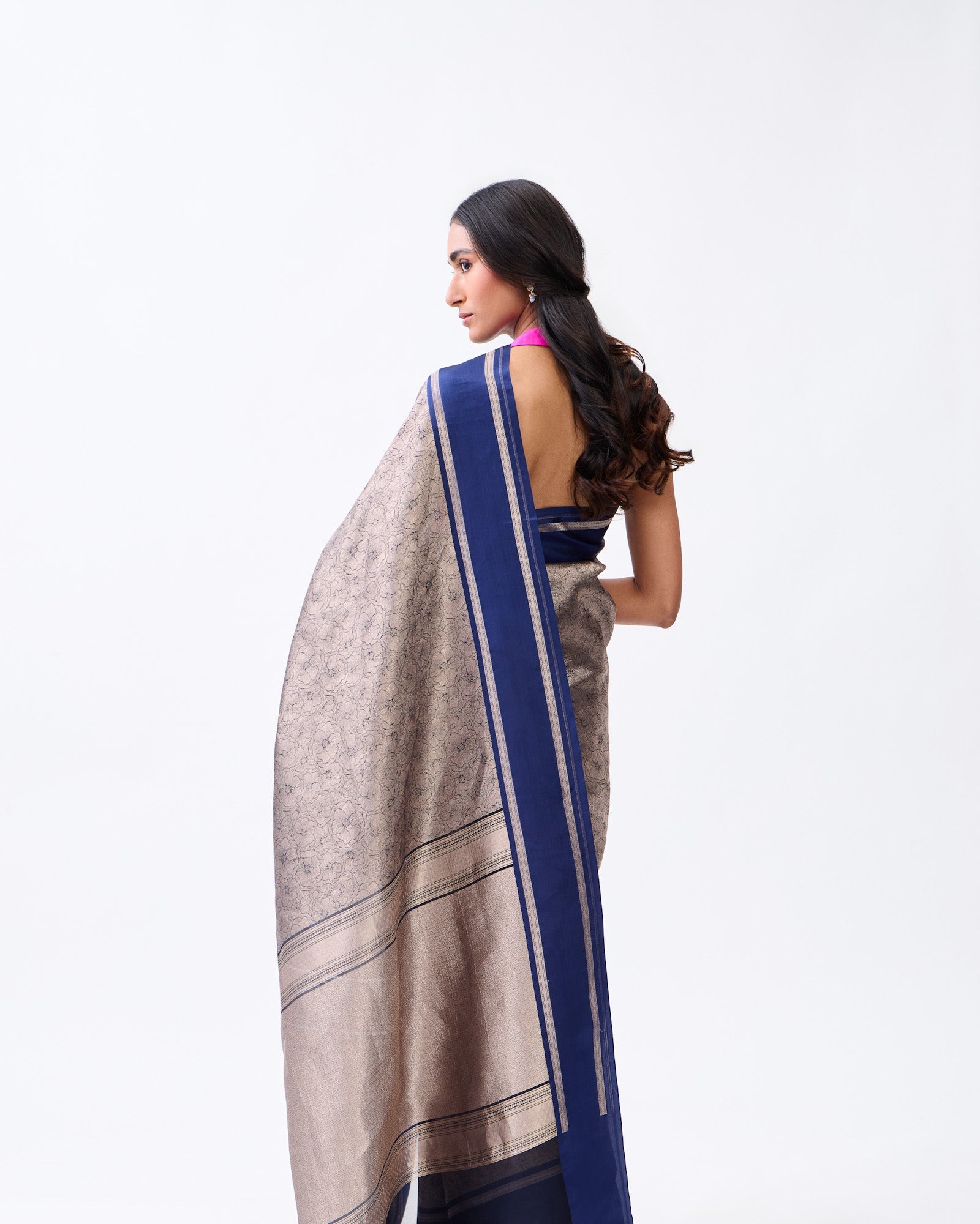 Navy Blue Banarasi Kora Silk Saree