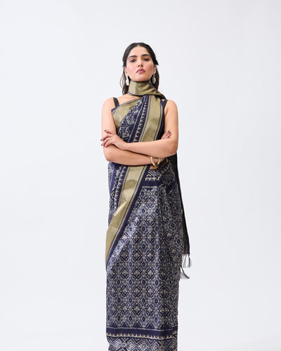 Blue and Grey Patola Silk Saree