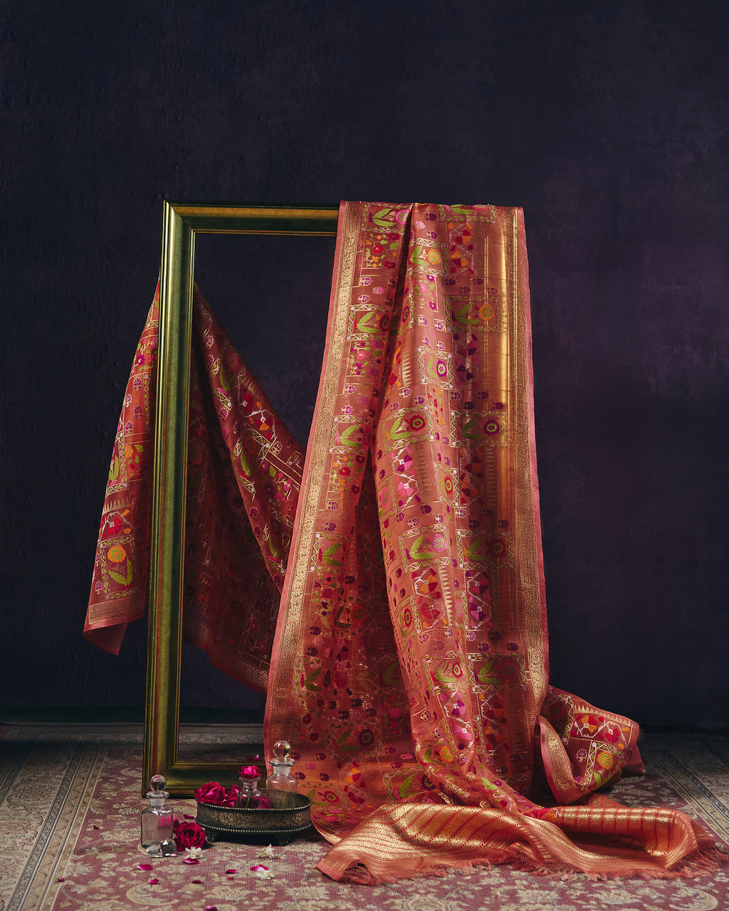 Peach Banrasi Kora Silk Saree