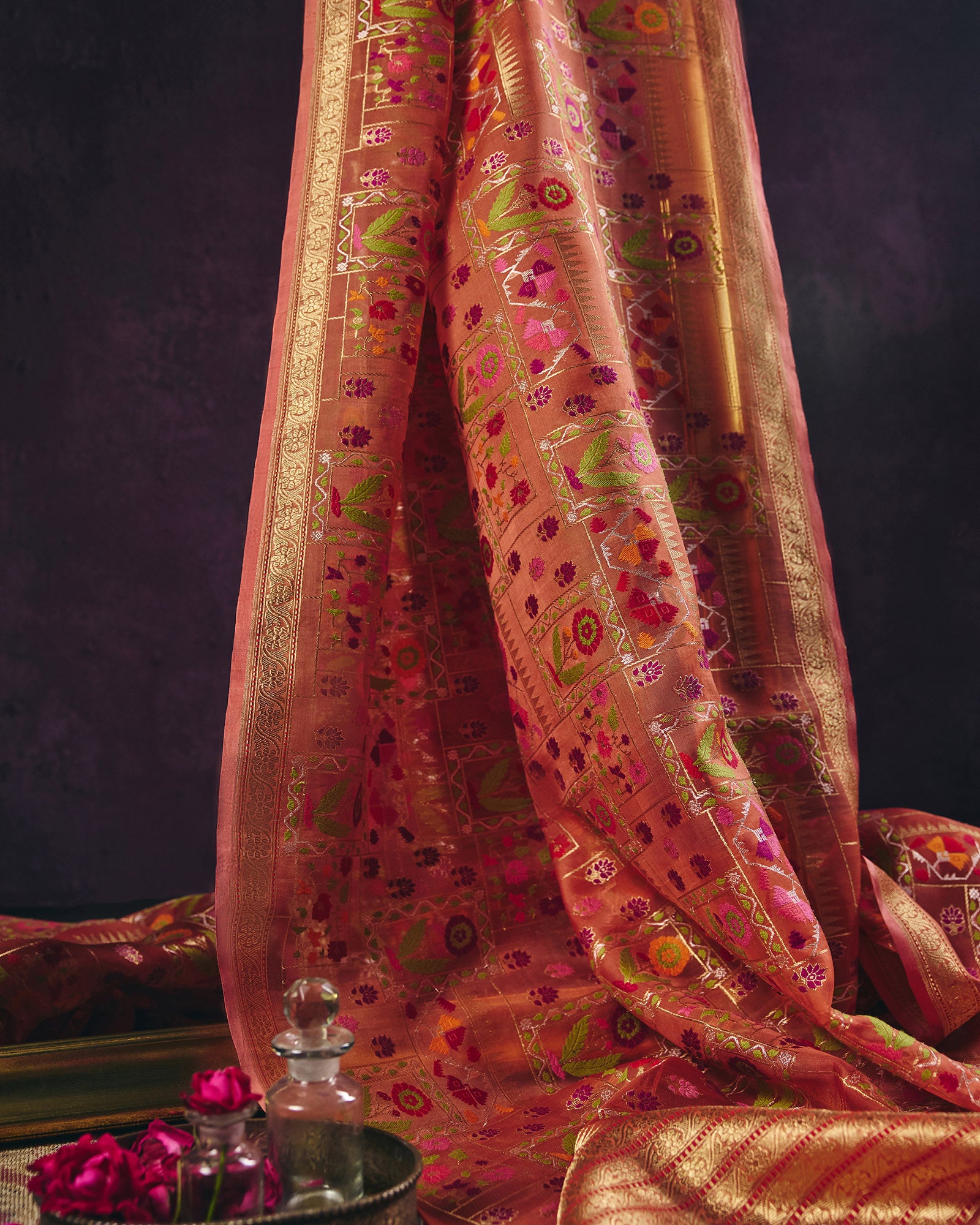 Peach Banrasi Kora Silk Saree