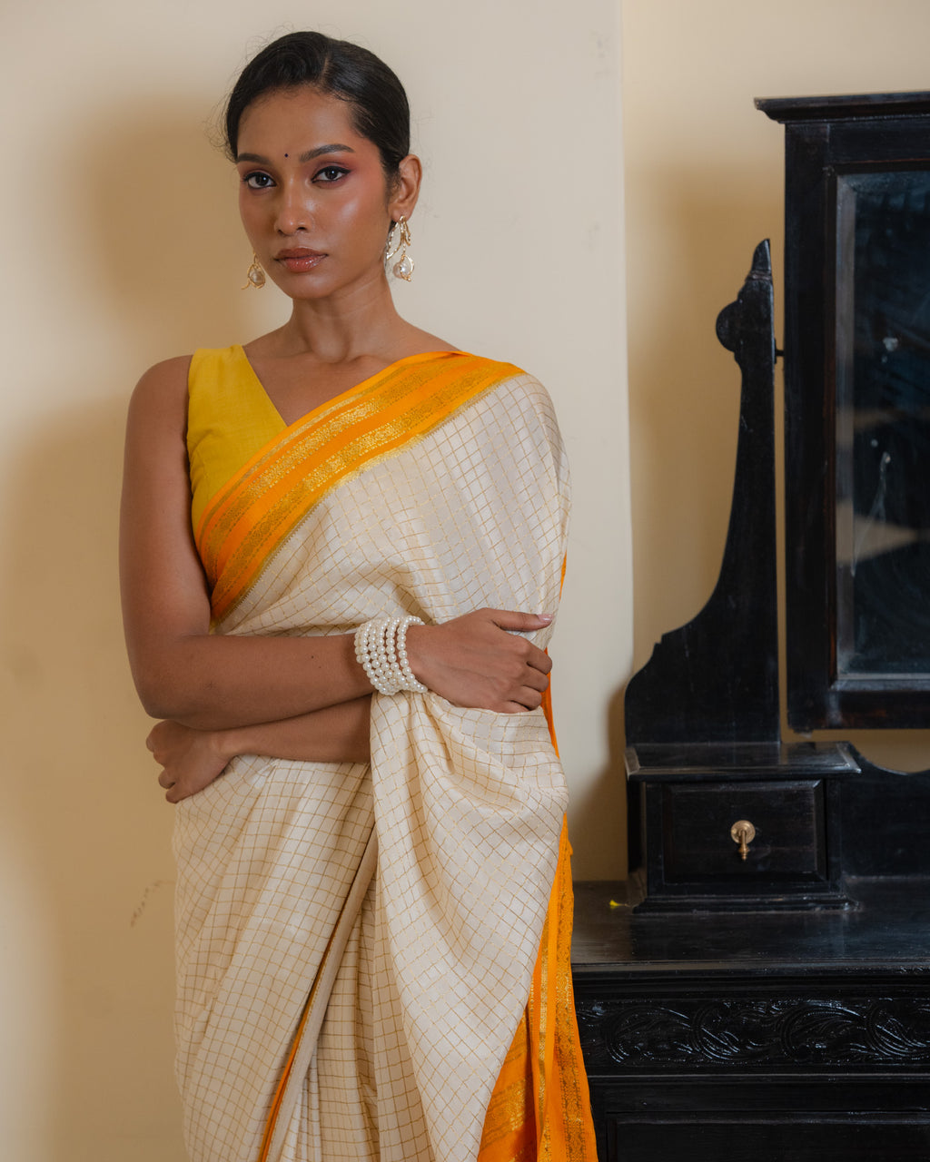 Off-White Mysore Crepe Silk Saree