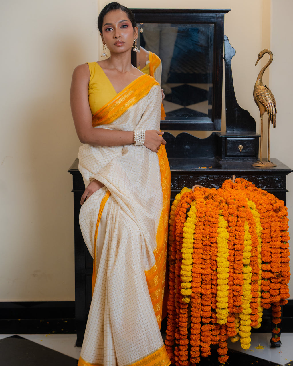 Off-White Mysore Crepe Silk Saree