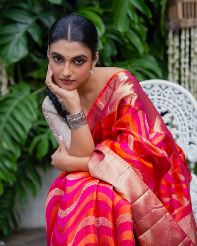 Orangish Pink Kanchivaram Silk Saree