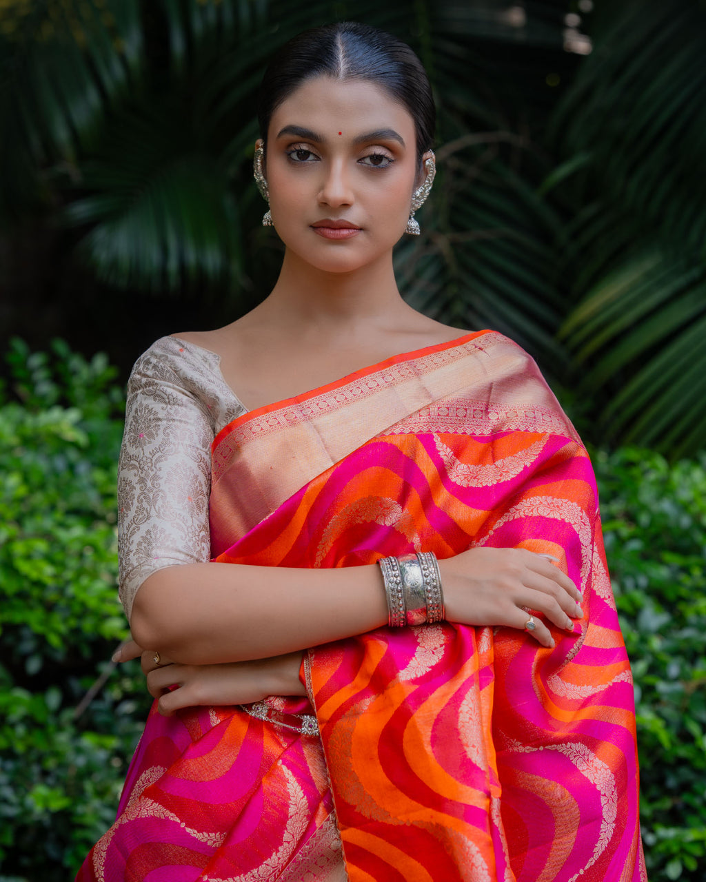 Orangish Pink Kanchivaram Silk Saree