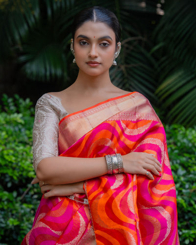 Orangish Pink Kanchivaram Silk Saree