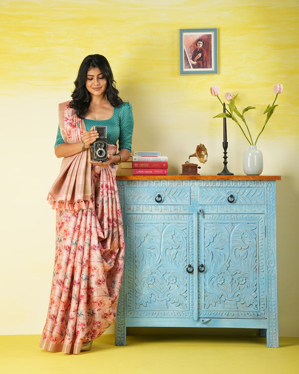 Peach Printed  Blended Tussar Silk Saree