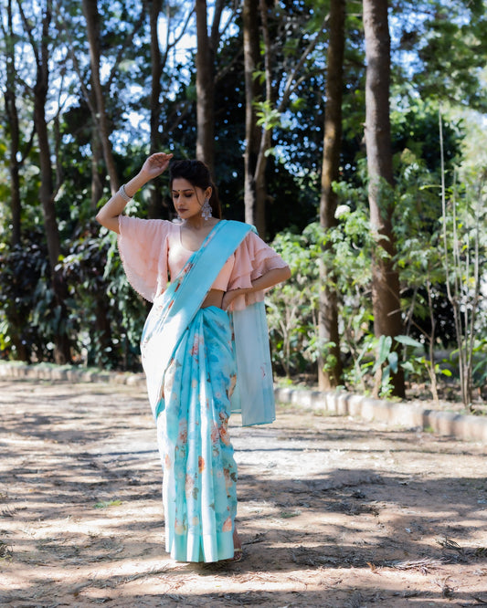 Blue Printed Silk Saree