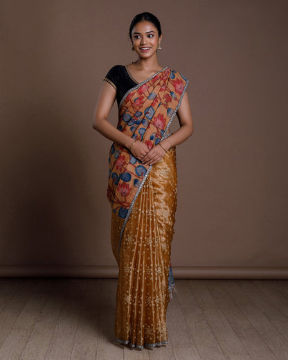 Mustard Tussar Embroidery Silk Saree