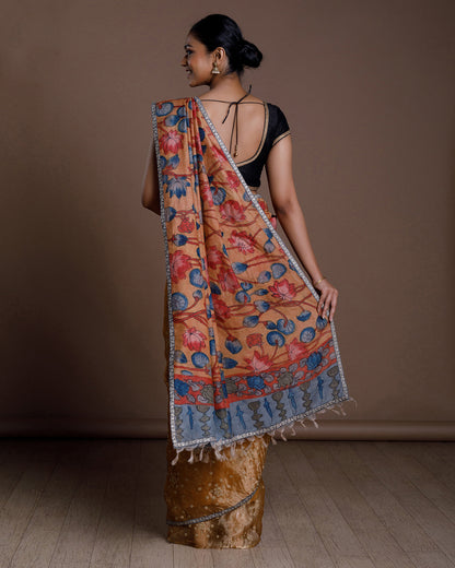 Mustard Tussar Embroidery Silk Saree