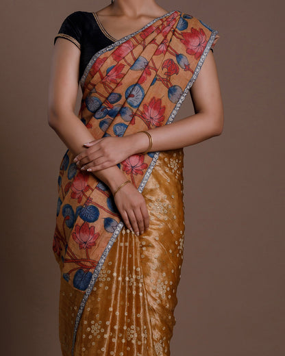 Mustard Tussar Embroidery Silk Saree