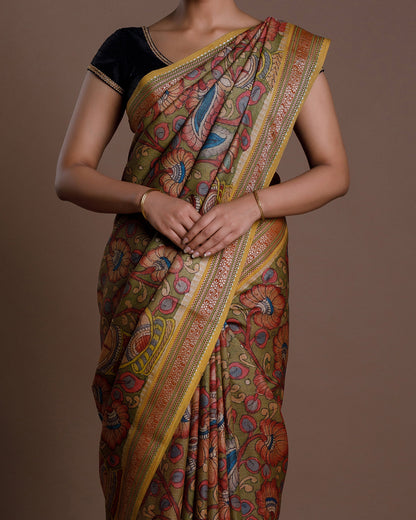 Olive Green Hand Painted Handloom Tussar Saree
