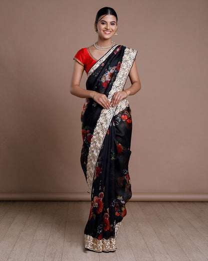 Black Organza Embroidered Silk Saree