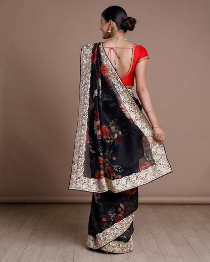 Black Organza Embroidered Silk Saree