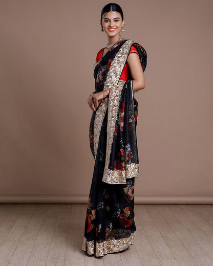 Black Organza Embroidered Silk Saree