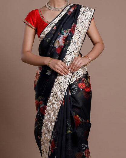 Black Organza Embroidered Silk Saree