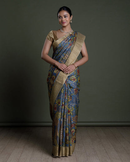 Blue Hand Painted Handloom Tussar Saree