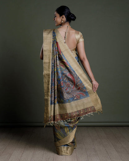 Blue Hand Painted Handloom Tussar Saree