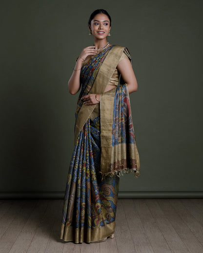 Blue Hand Painted Handloom Tussar Saree