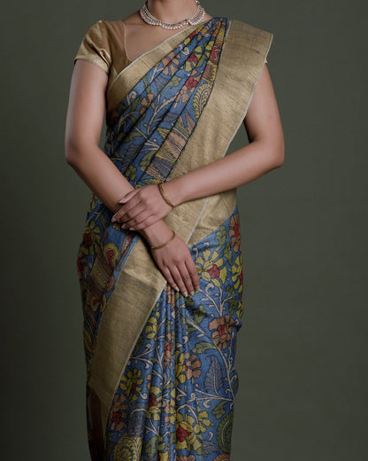 Blue Hand Painted Handloom Tussar Saree