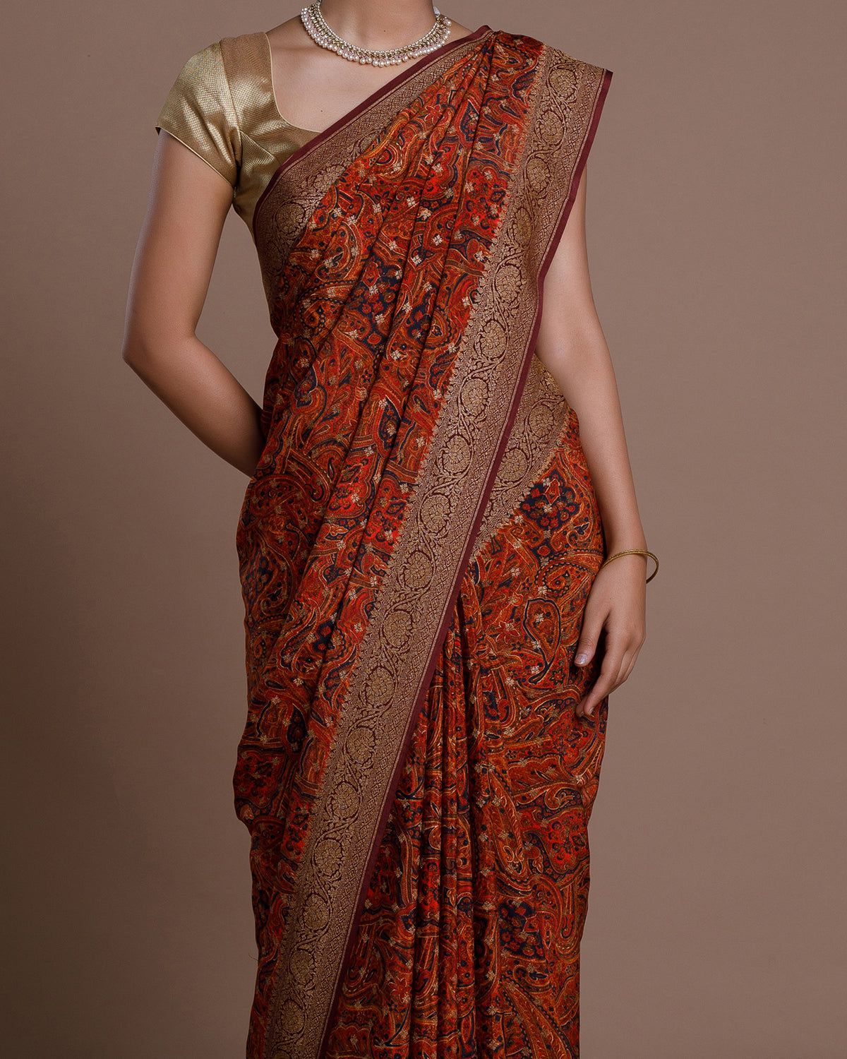 Orange Banarasi Crape Silk Saree