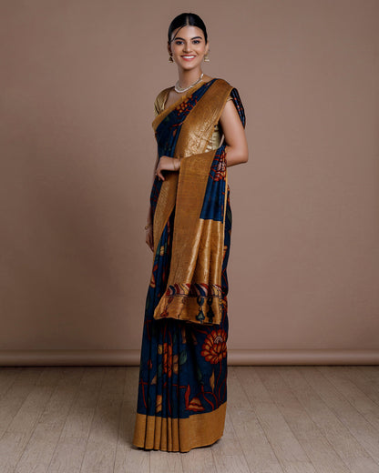 Blue Hand Painted Handloom Tussar Saree