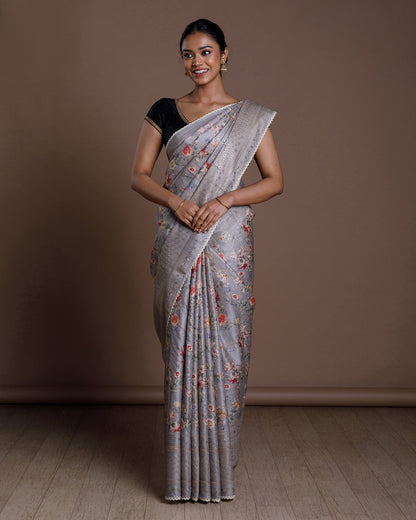 Grey Tussar Embroidery Silk Saree
