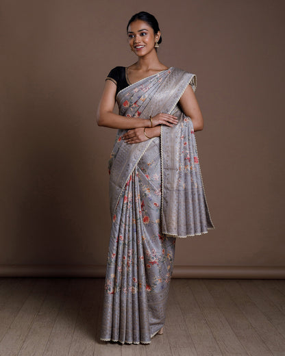Grey Tussar Embroidery Silk Saree
