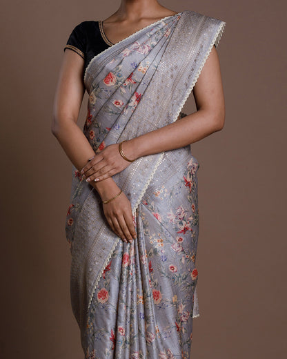 Grey Tussar Embroidery Silk Saree