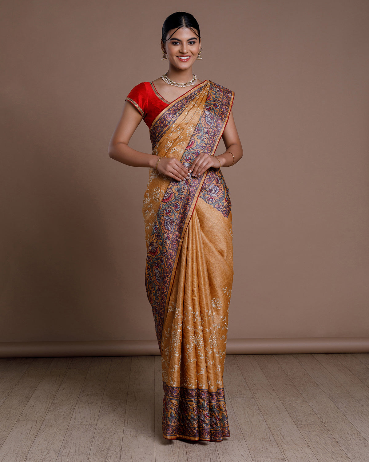 Mustard Tussar Embroidery Silk Saree