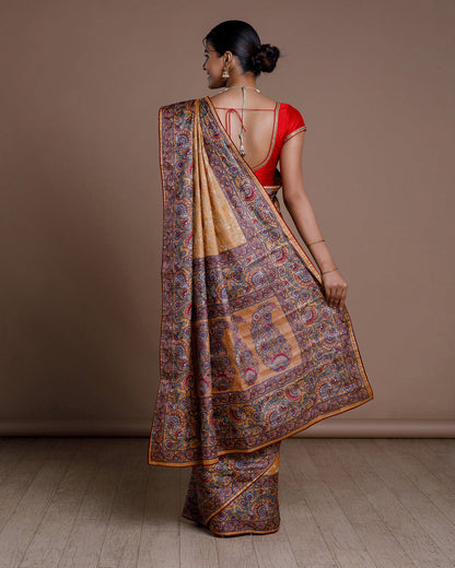 Mustard Tussar Embroidery Silk Saree