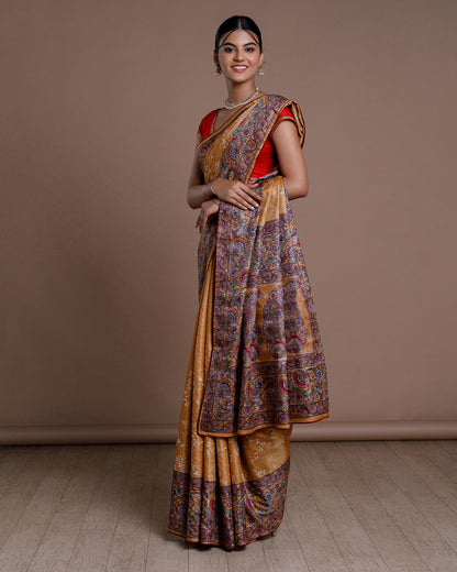 Mustard Tussar Embroidery Silk Saree