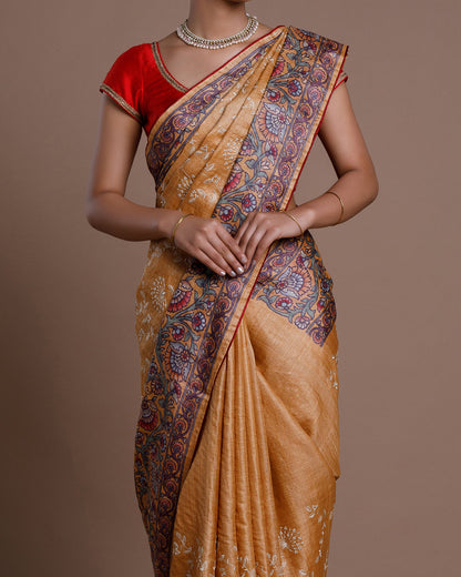 Mustard Tussar Embroidery Silk Saree