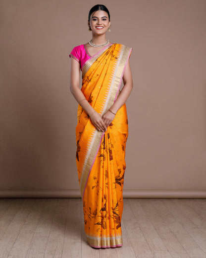 Yellow Printed Kanchivaram Silk Saree